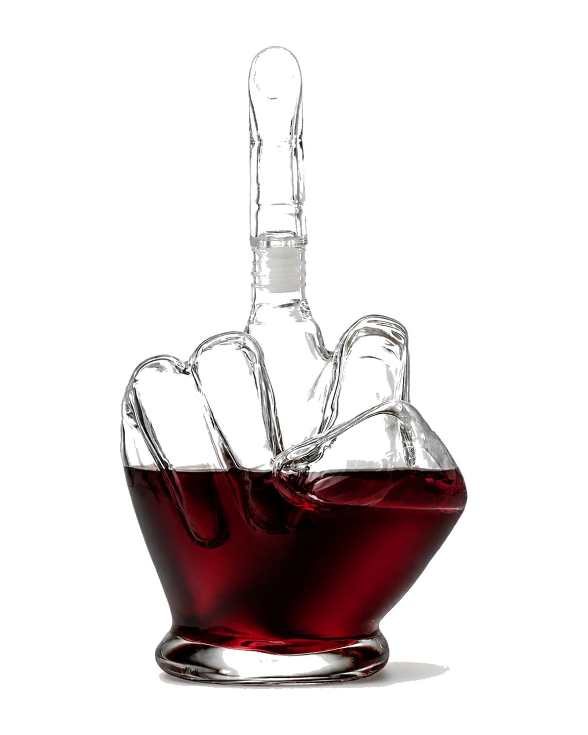 NaughtyPour Middle Finger glass pourer on a plain white background