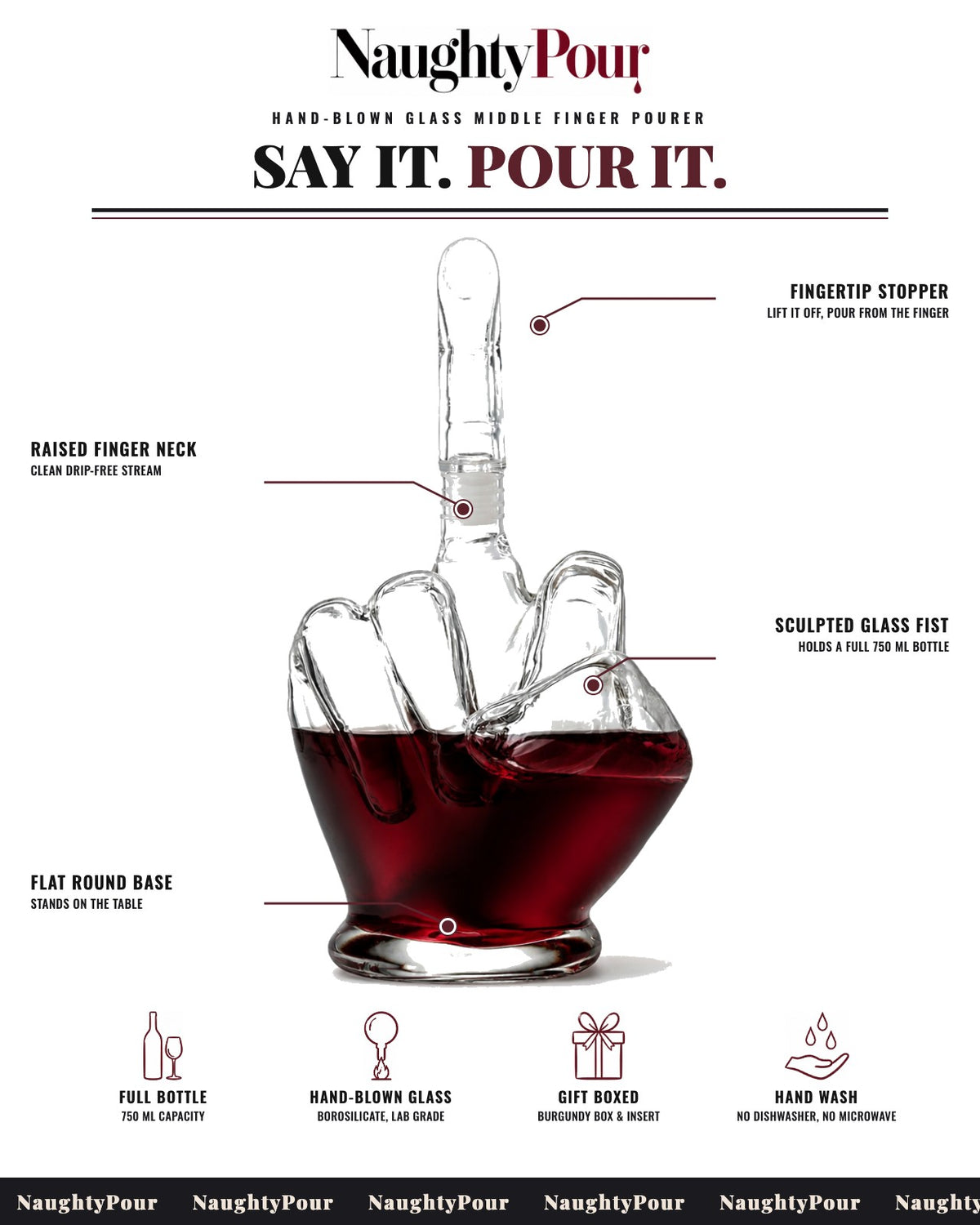NaughtyPour Middle Finger pourer feature sheet